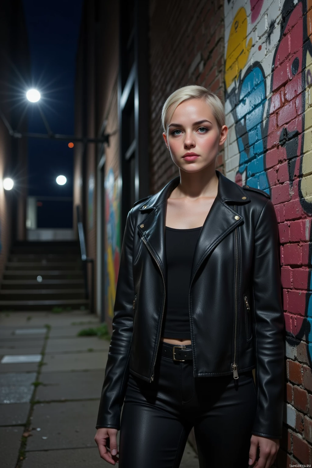 A person stands in front of a graffiti-covered brick wall at night, wearing a black leather jacket and black pants.