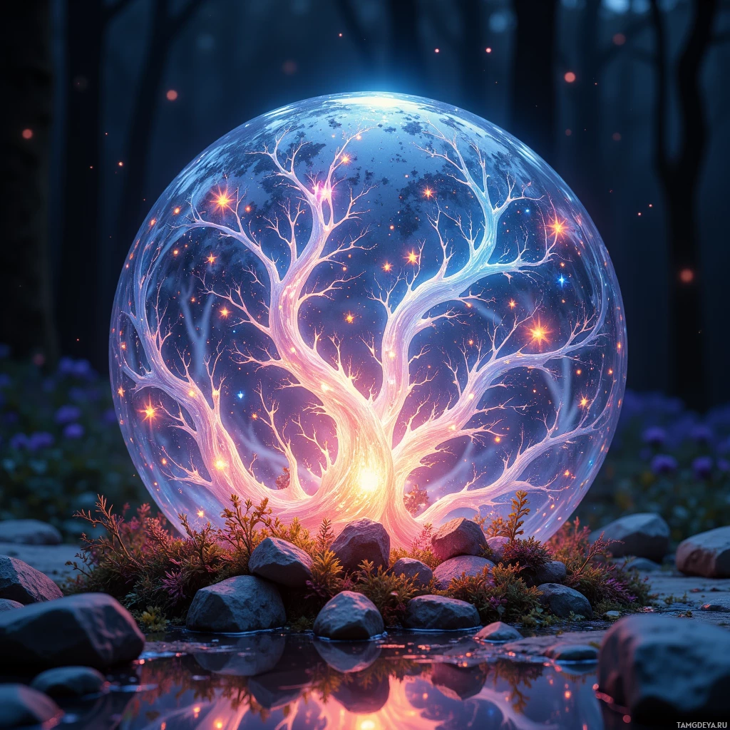 A glowing, ethereal tree within a transparent sphere surrounded by rocks and foliage.