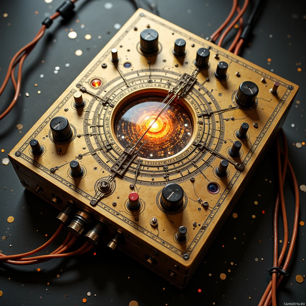 A vintage-style electronic device with multiple knobs and wires is shown against a dark background.