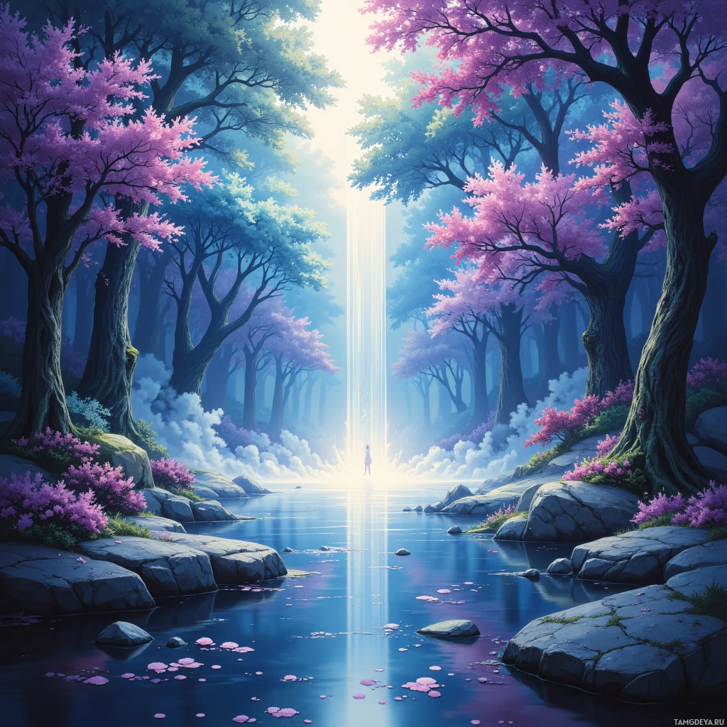 A serene forest scene with vibrant pink blossoms and a bright light shining through the trees.