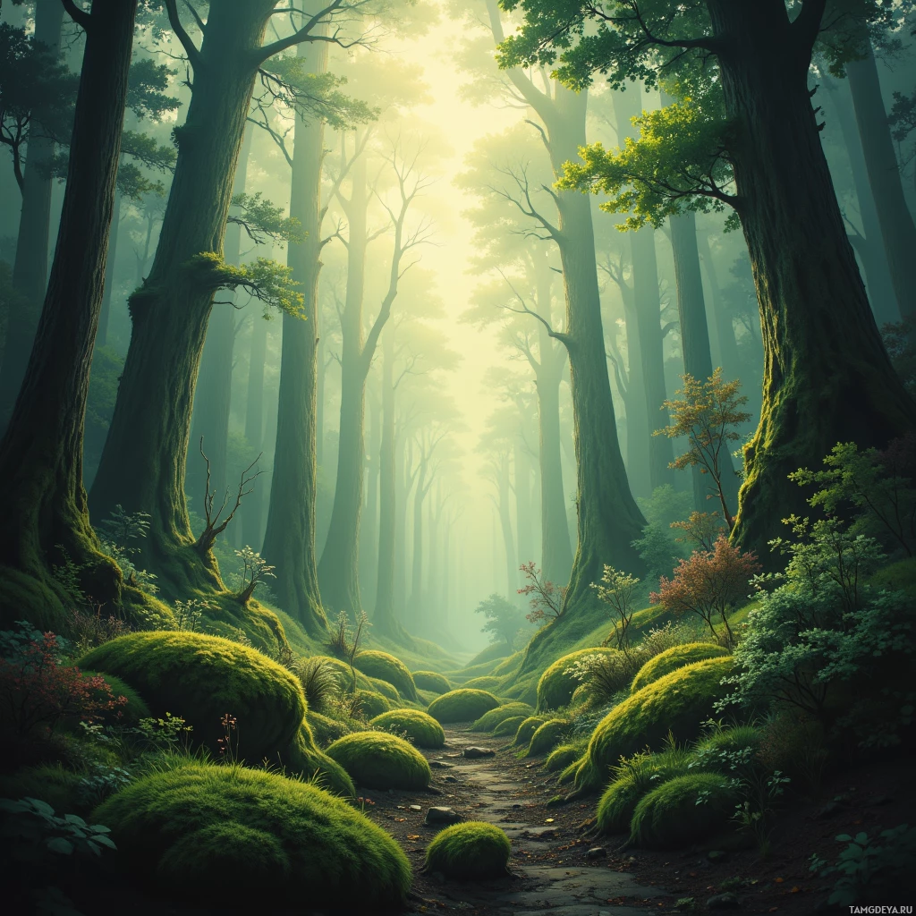 A serene forest scene with tall trees, moss-covered ground, and sunlight filtering through the canopy.