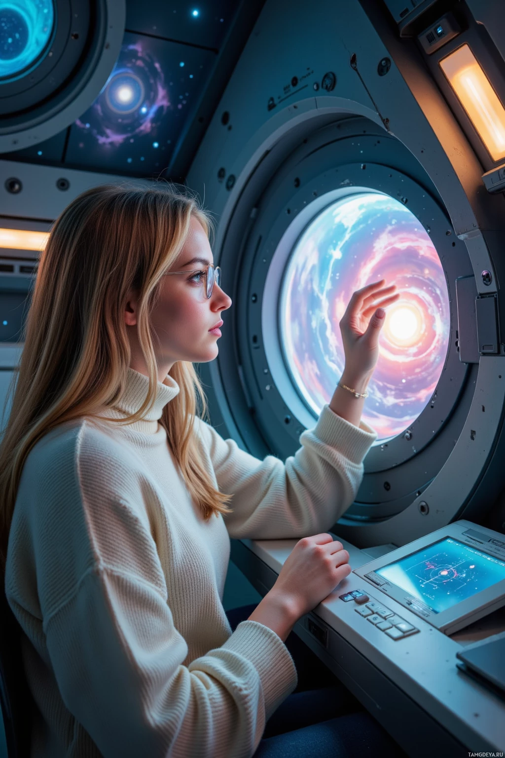 A person is inside a spacecraft, looking out the window at a vibrant cosmic scene.