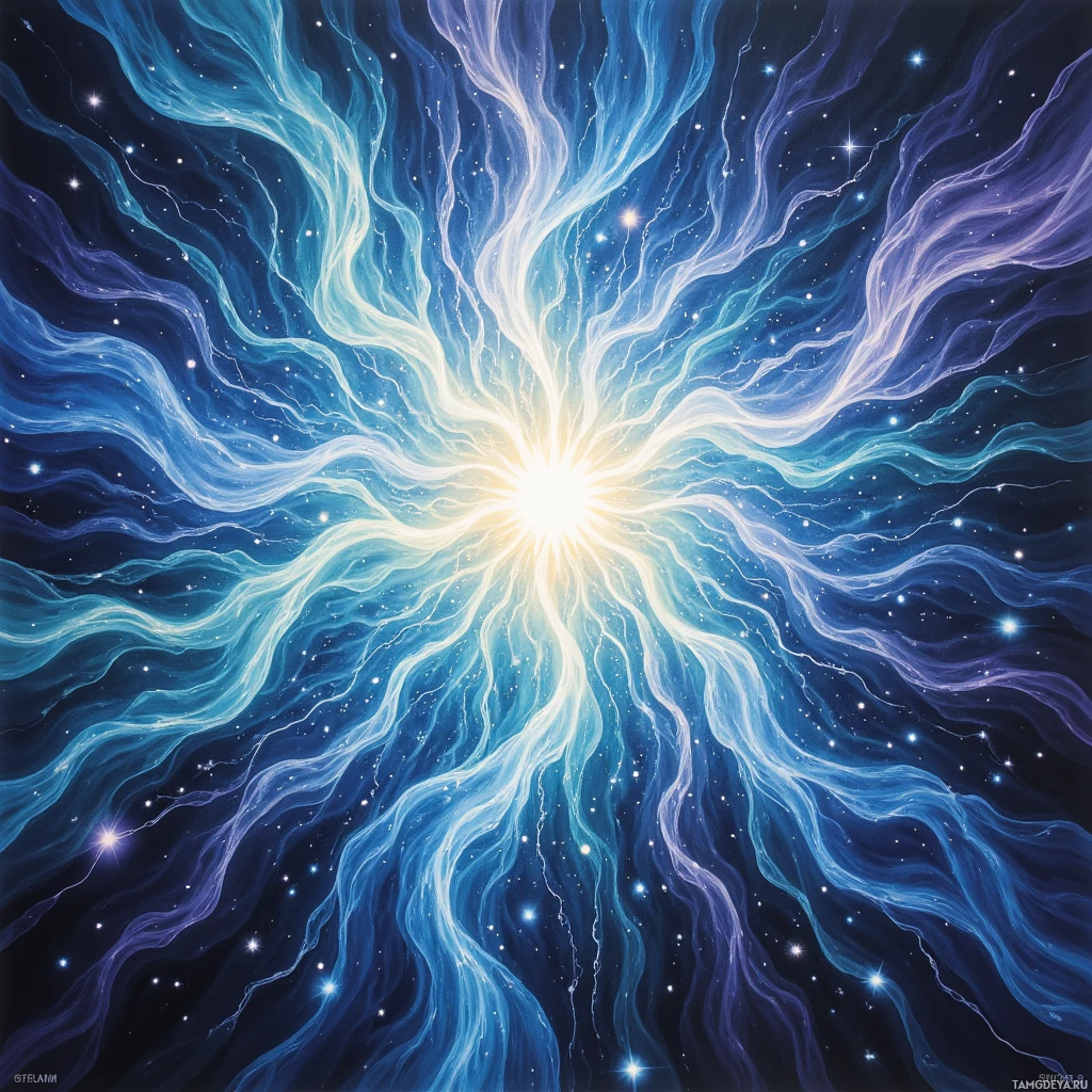 A vibrant cosmic scene with a bright central light surrounded by swirling blue and white energy streams against a starry background.