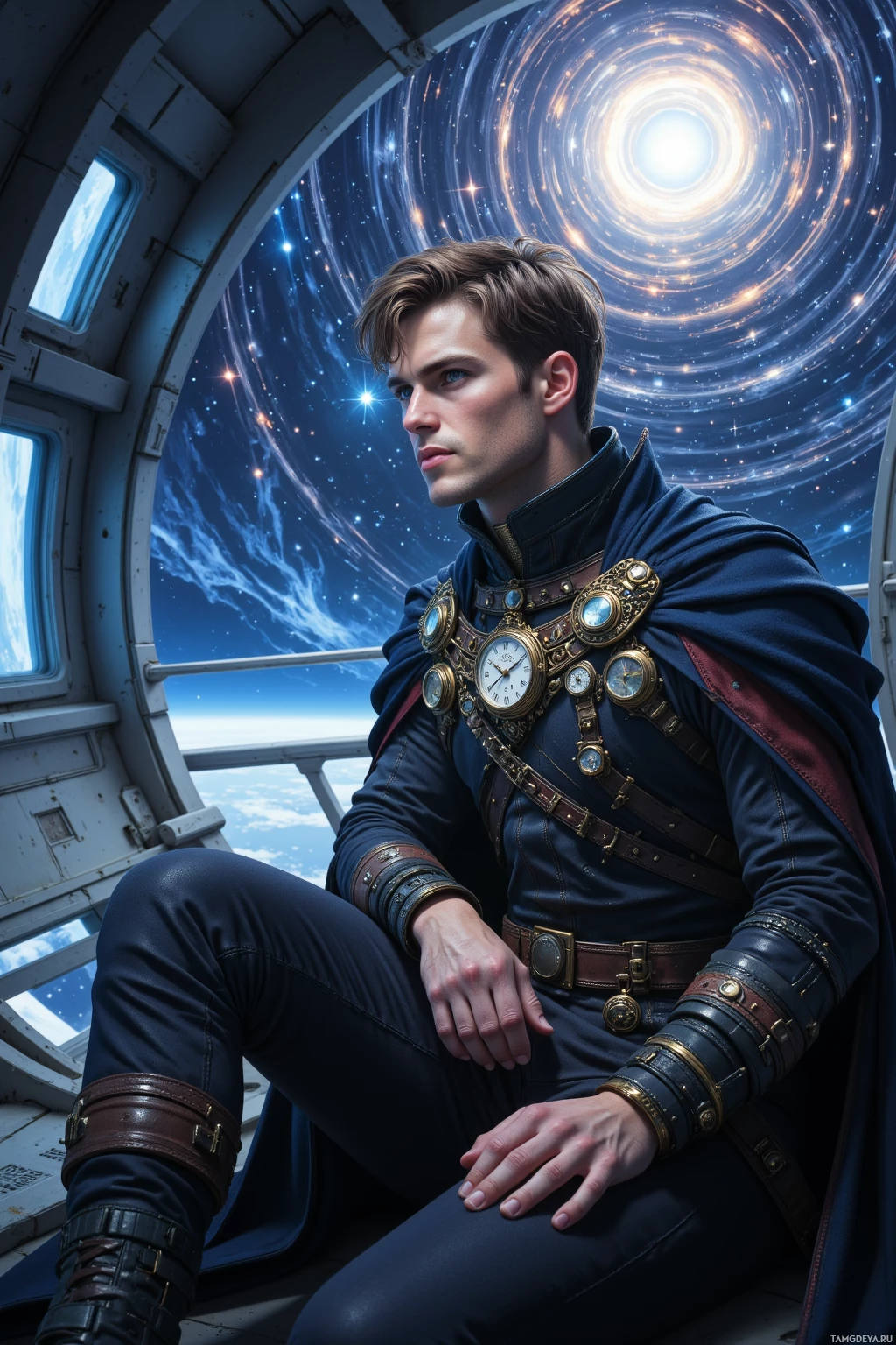 A person in a steampunk-inspired outfit sits inside a spacecraft with a view of space and a bright light source behind them.