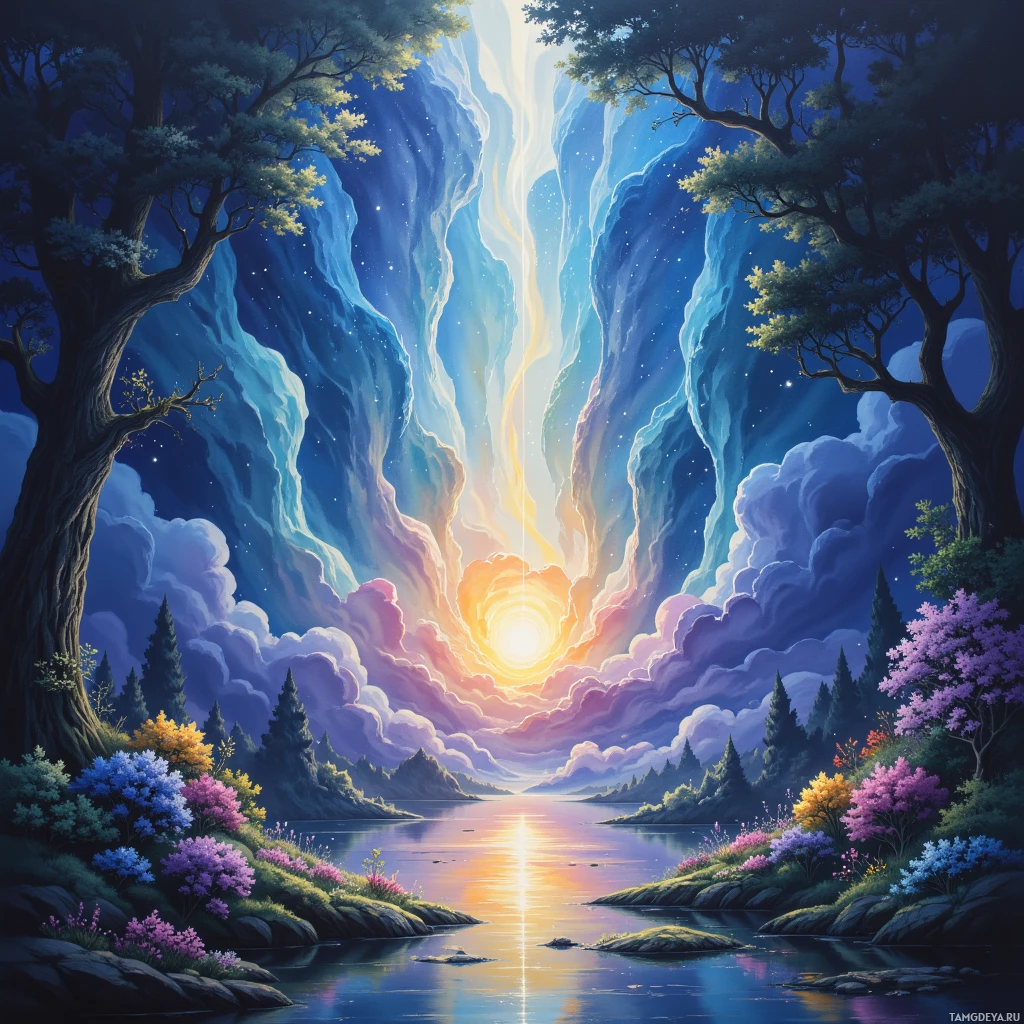 A serene landscape with a glowing sun, colorful clouds, and vibrant flowers by a calm river.