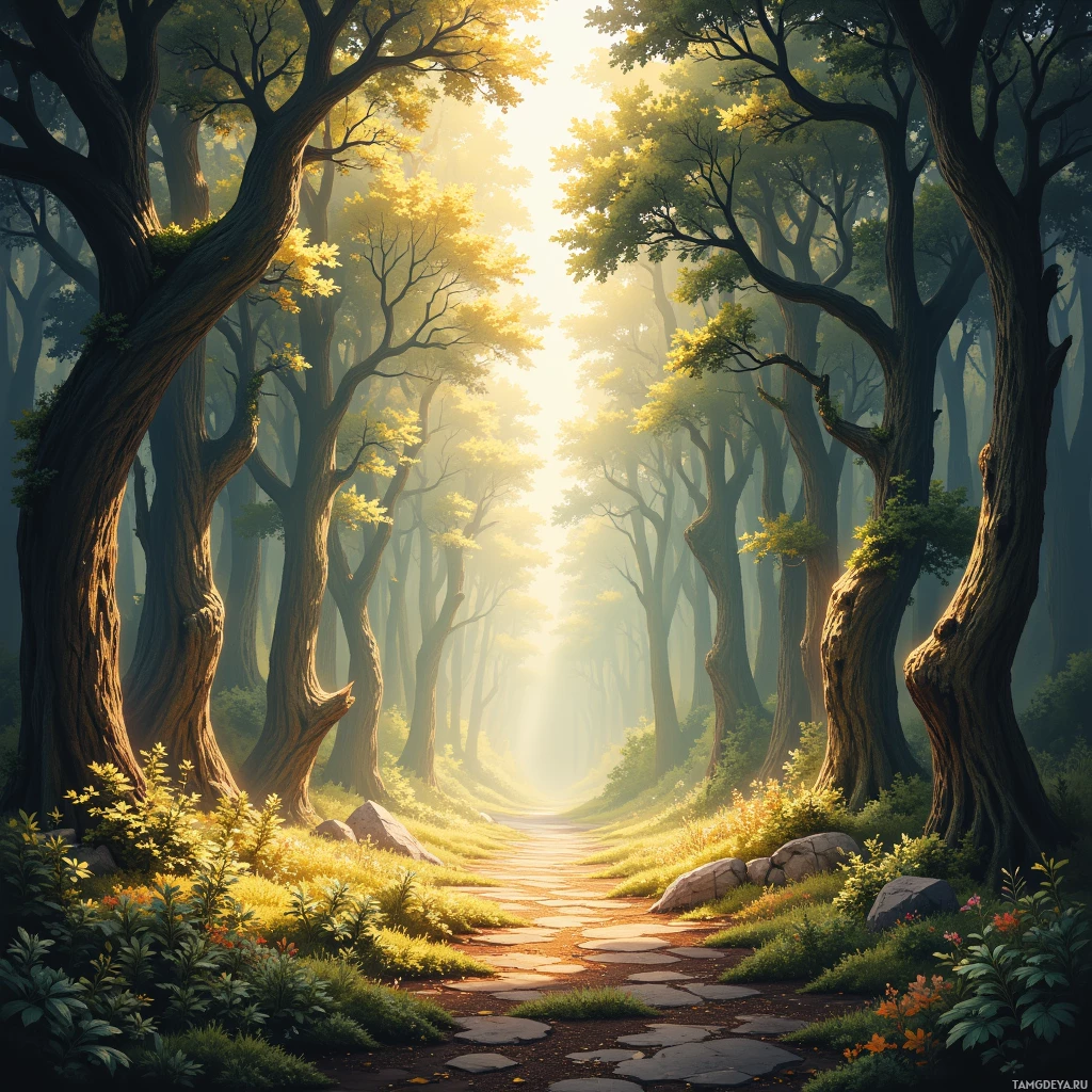 A serene forest path lined with tall trees and vibrant foliage, bathed in golden sunlight.