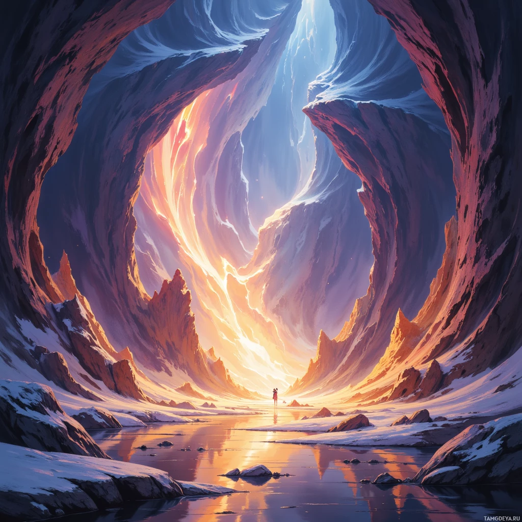 A person stands at the entrance of a cave, with a glowing, ethereal light illuminating the scene.
