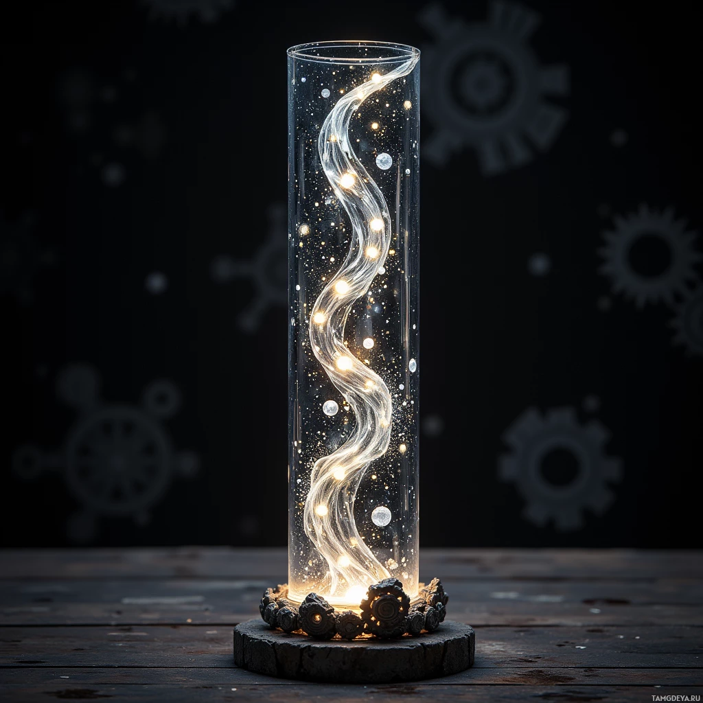 A glowing, wavy light inside a glass tube rests on a dark, textured surface.