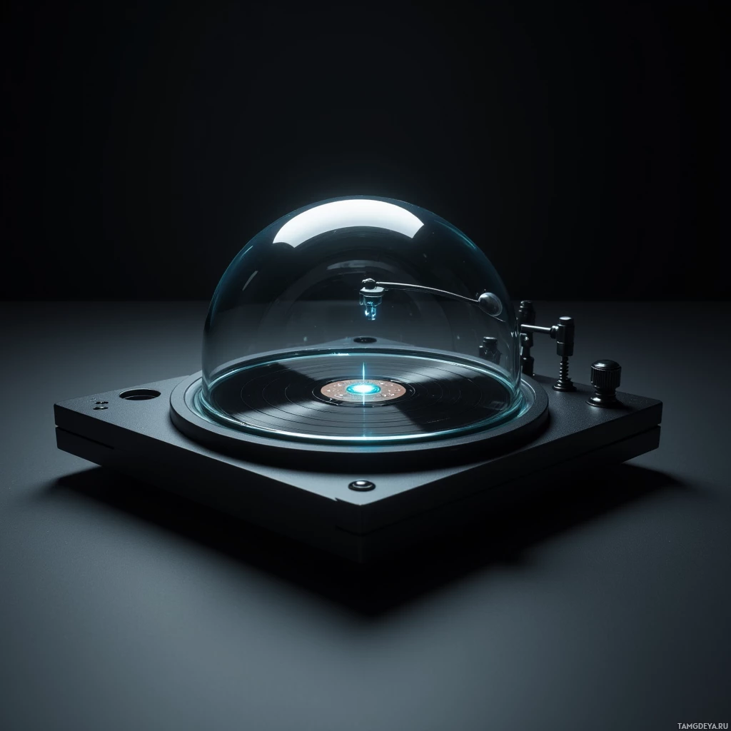 A vinyl record player with a transparent dome and glowing light.
