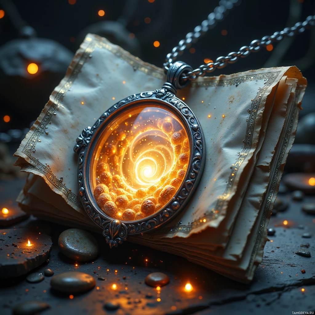 A glowing, intricate pendant with a swirling light design is displayed on an open, aged book surrounded by stones and a warm glow.