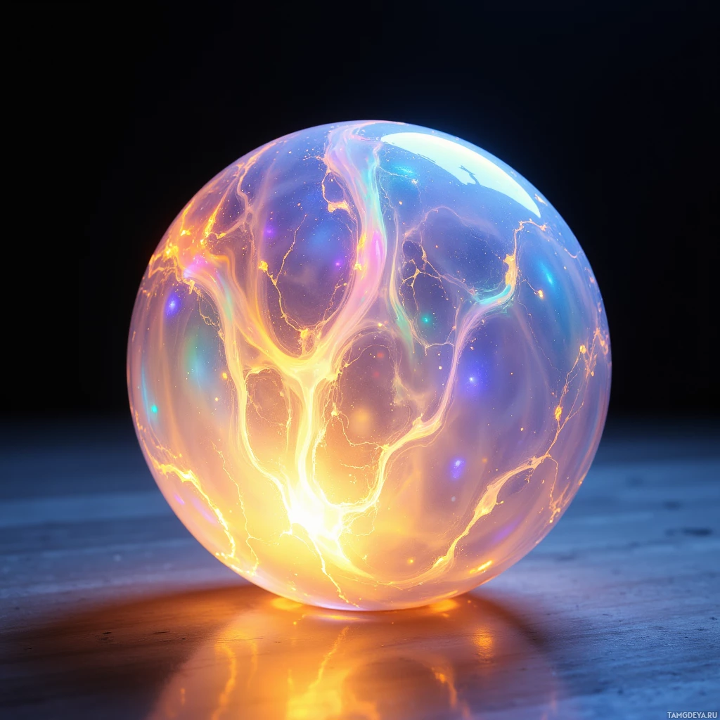 A glowing sphere with intricate patterns and vibrant colors rests on a reflective surface against a dark background.