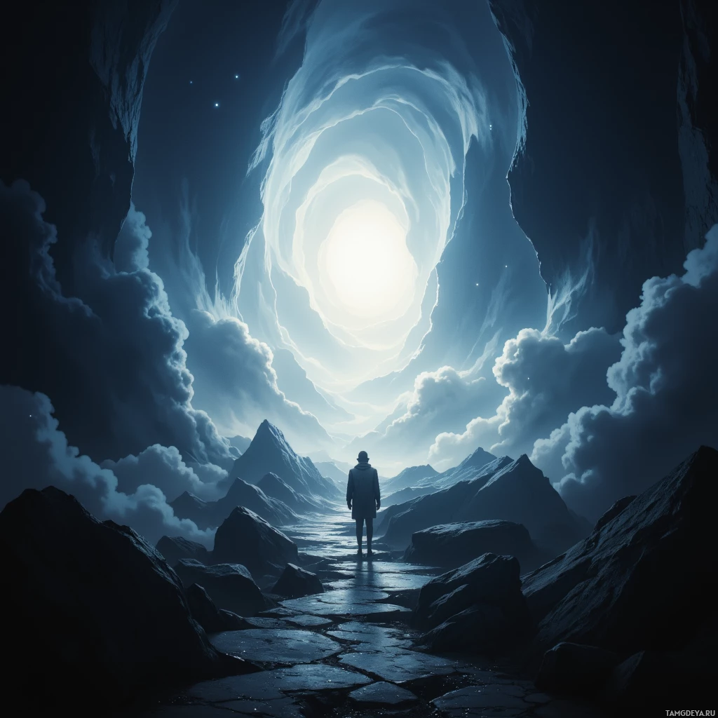 A solitary figure stands at the entrance of a glowing, ethereal tunnel amidst a mountainous landscape under a starry sky.