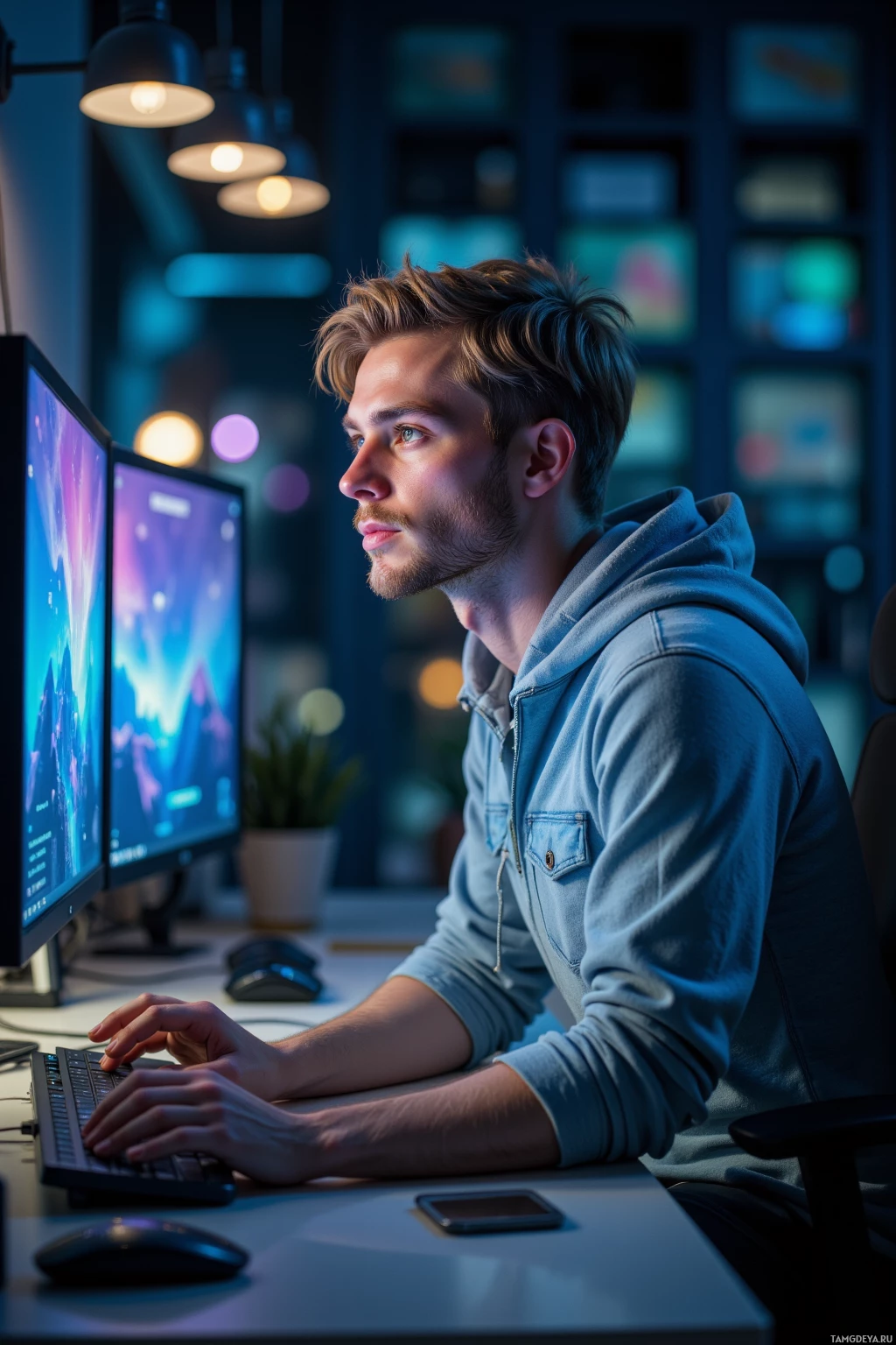 A person is sitting at a desk working on two computer monitors in a dimly lit room with shelves and lights above.