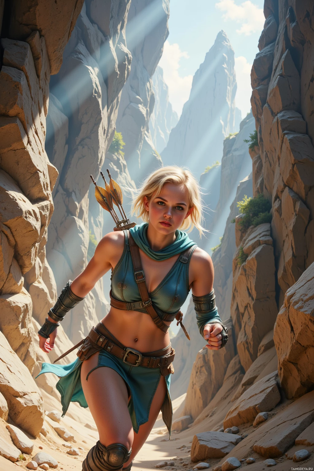 A person in adventurer attire stands in a narrow canyon with rocky walls and sunlight streaming through.