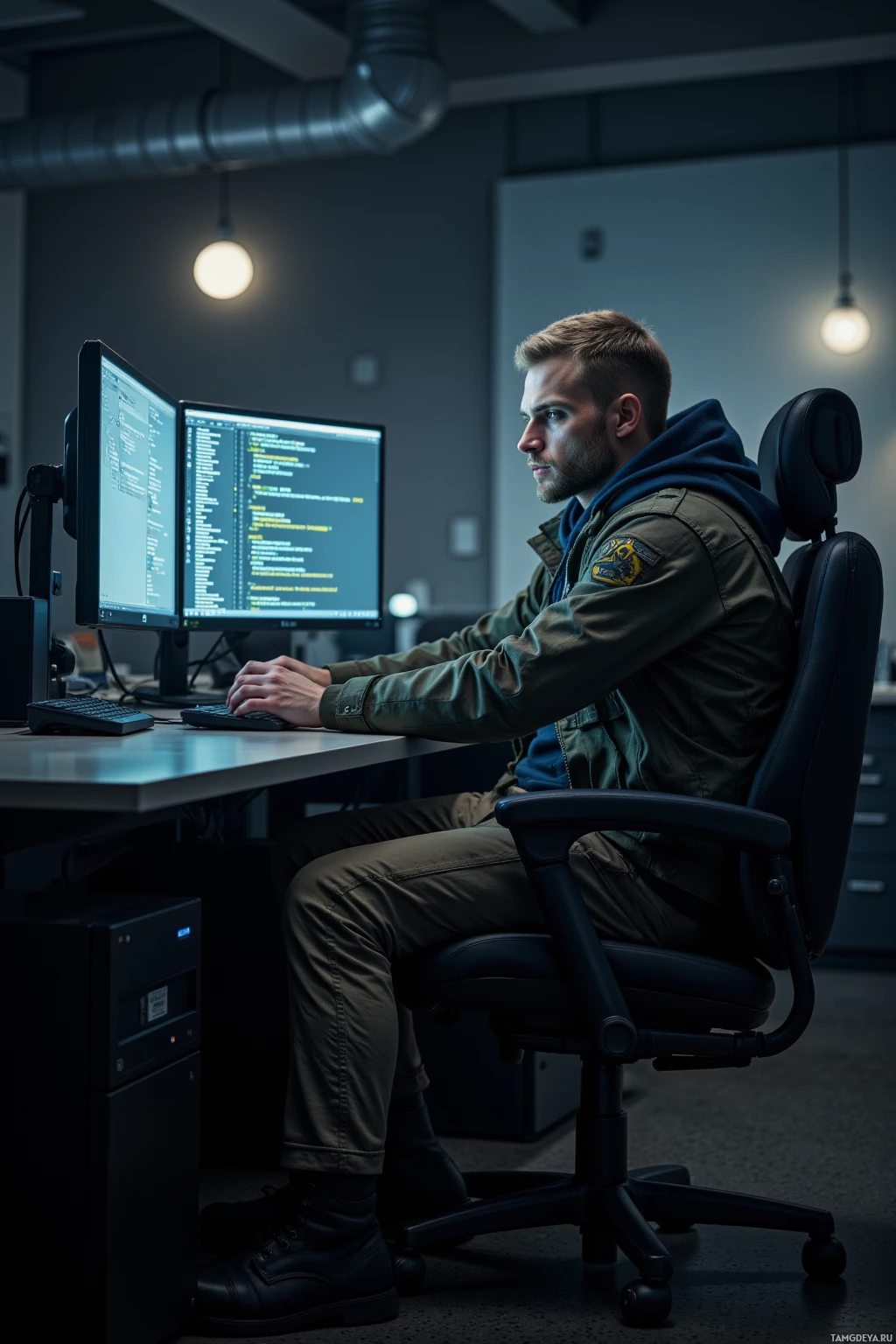 A person is seated at a desk working on two computer monitors in an office setting.