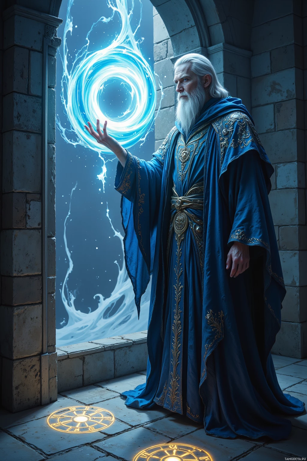 A wizard in blue robes stands by an archway, casting a glowing blue spell.