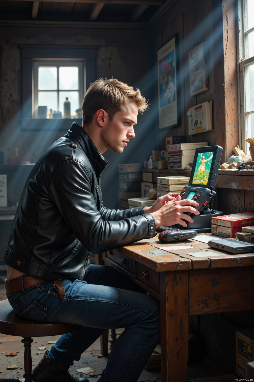 A person in a leather jacket sits at a desk playing an old handheld game console.