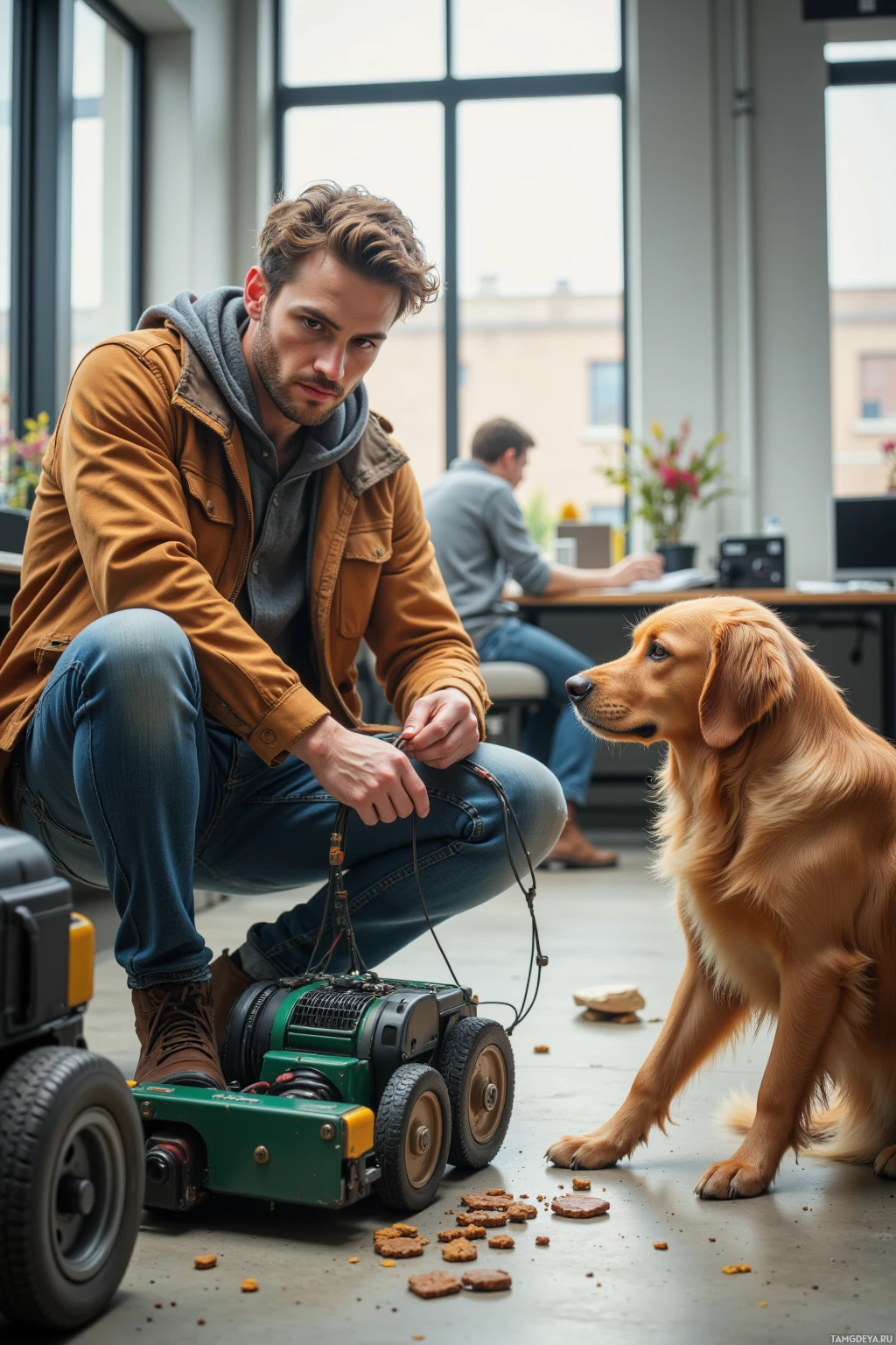 A man kneels beside a robot lawn mower as a dog looks on.