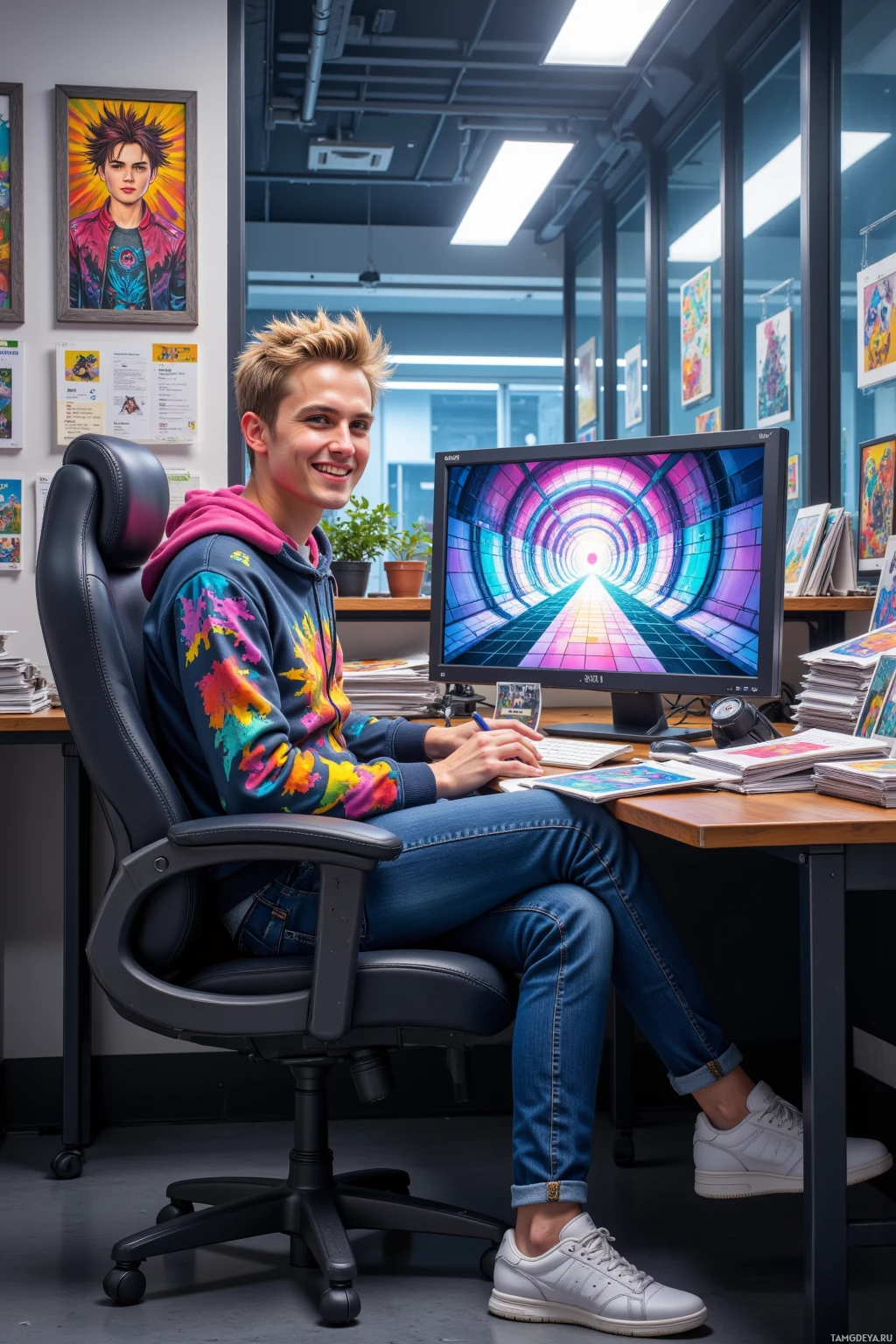 A person sits at a desk in a vibrant workspace, smiling at the camera.