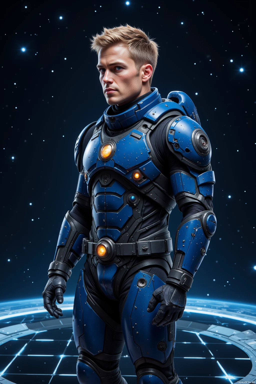 A person in a blue and black armored suit stands against a starry space background.