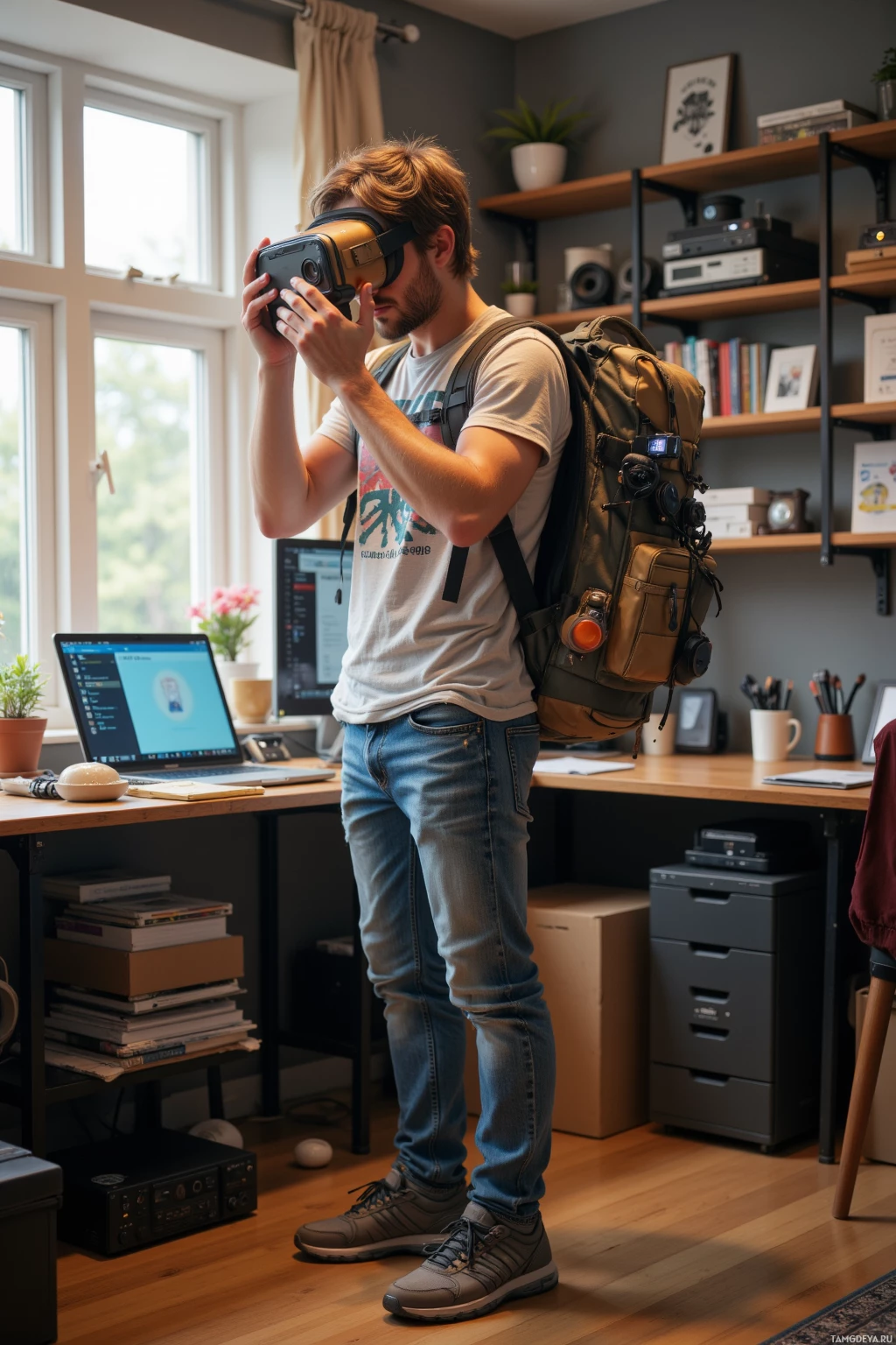 A person wearing a backpack and VR headset stands in an office space with desks and shelves filled with books and equipment.