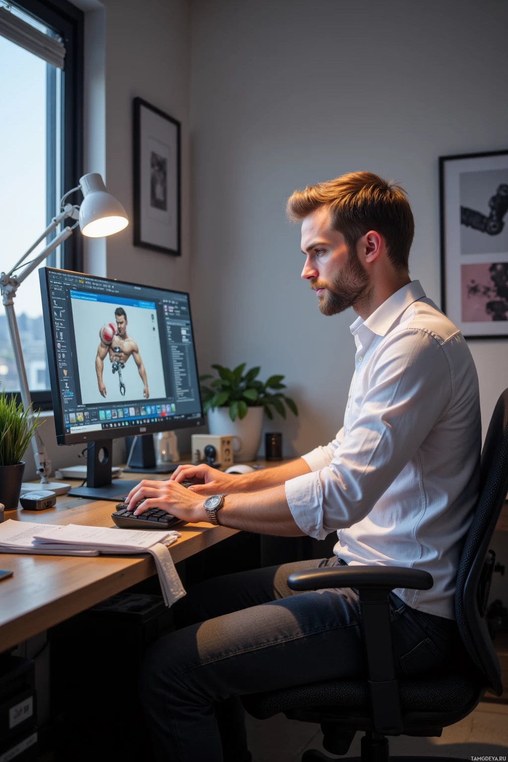 A person is working at a desk using a computer with an image editing software open on the screen.