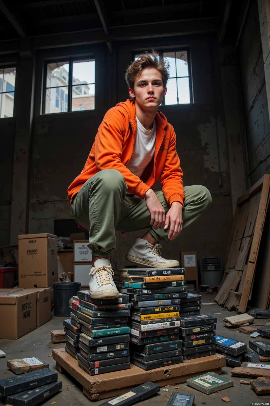 A person in an orange hoodie and green pants crouches on a stack of VHS tapes in a dimly lit, cluttered room.