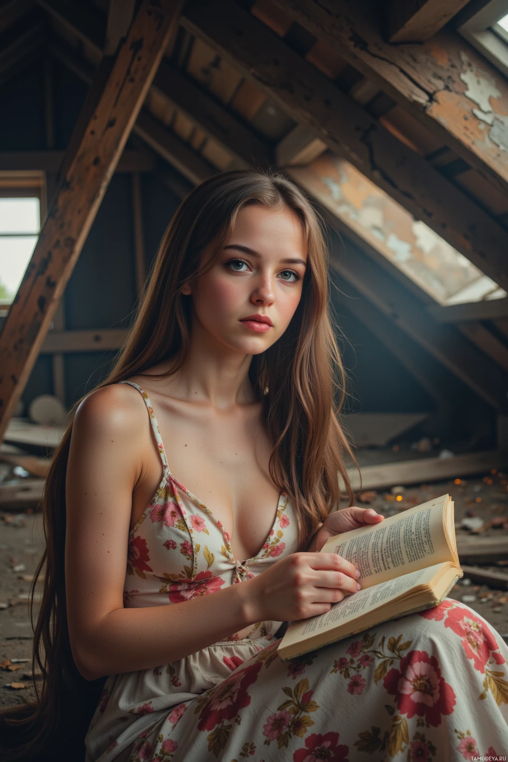 A person in a floral dress is reading an open book while sitting on a rustic wooden structure with skylights above.