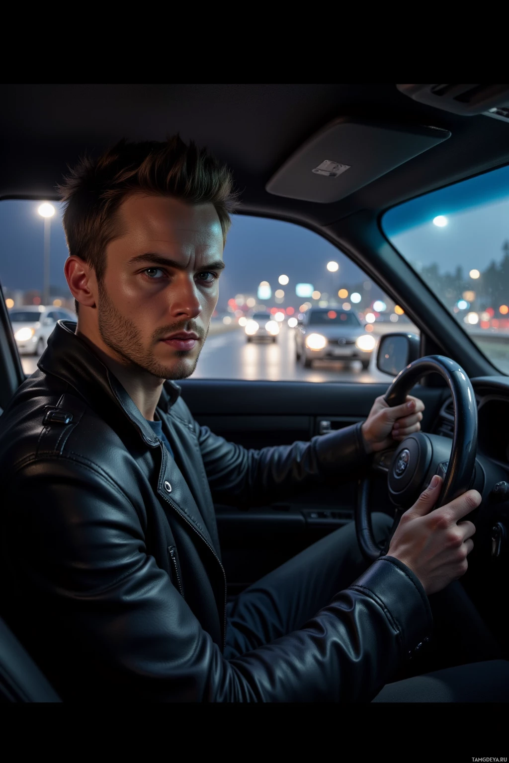 A man in a leather jacket drives at night with city lights visible through the windshield.
