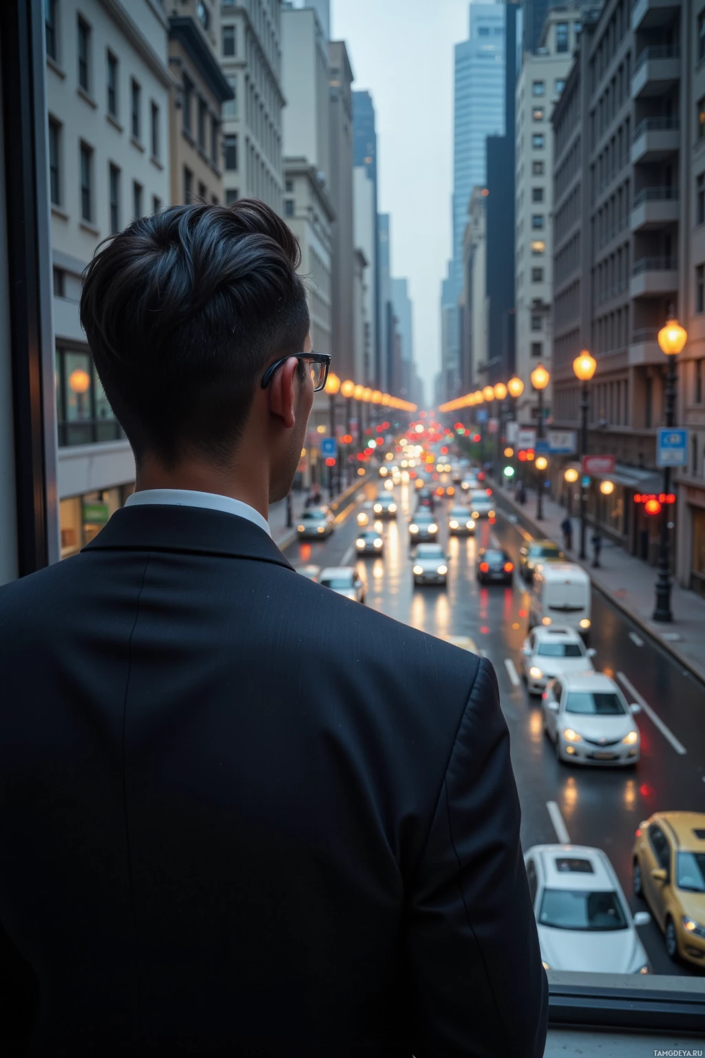 A person in a suit stands at a window overlooking a busy city street.