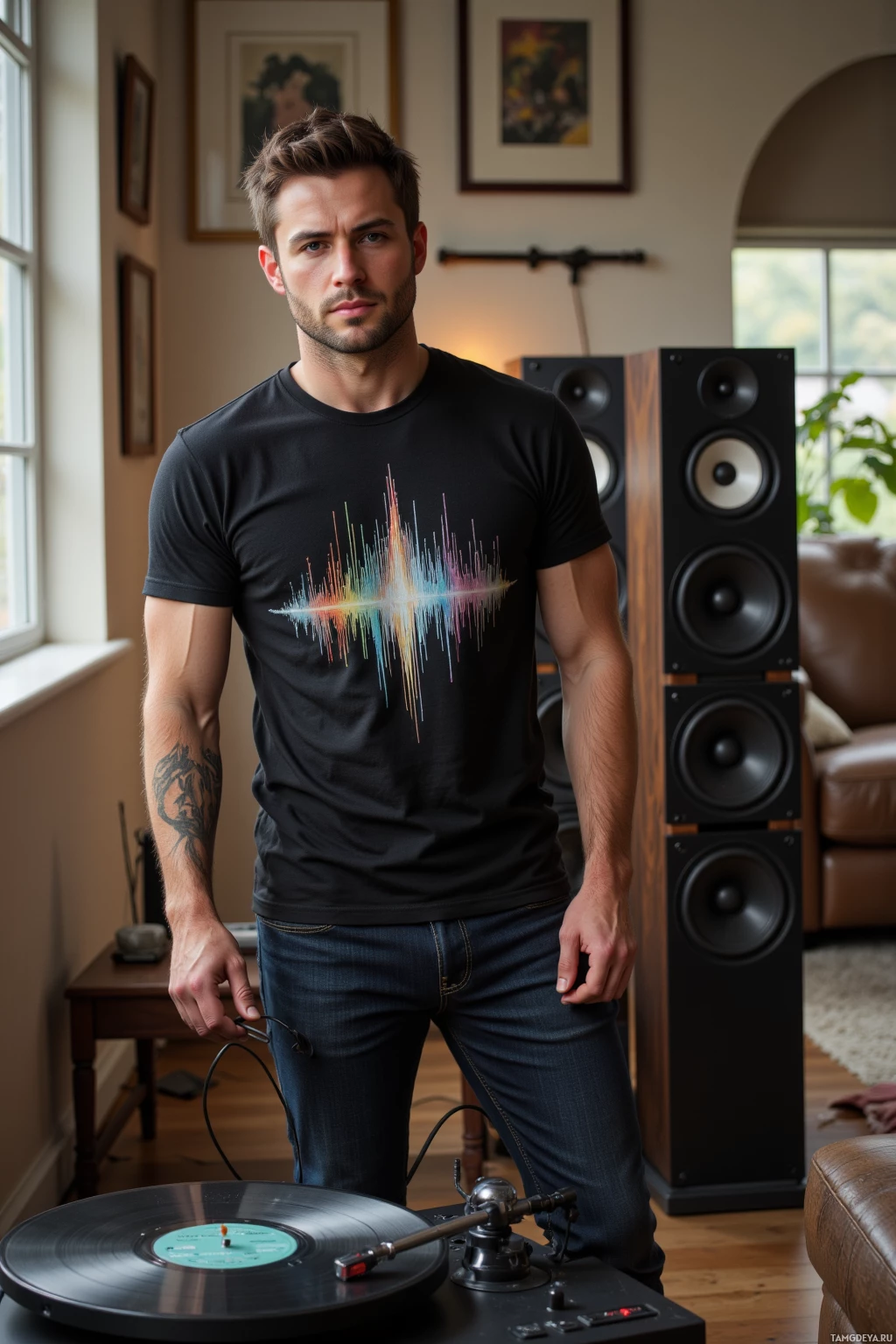 A man stands in front of a record player and speakers, wearing a black t-shirt with a colorful sound wave design.