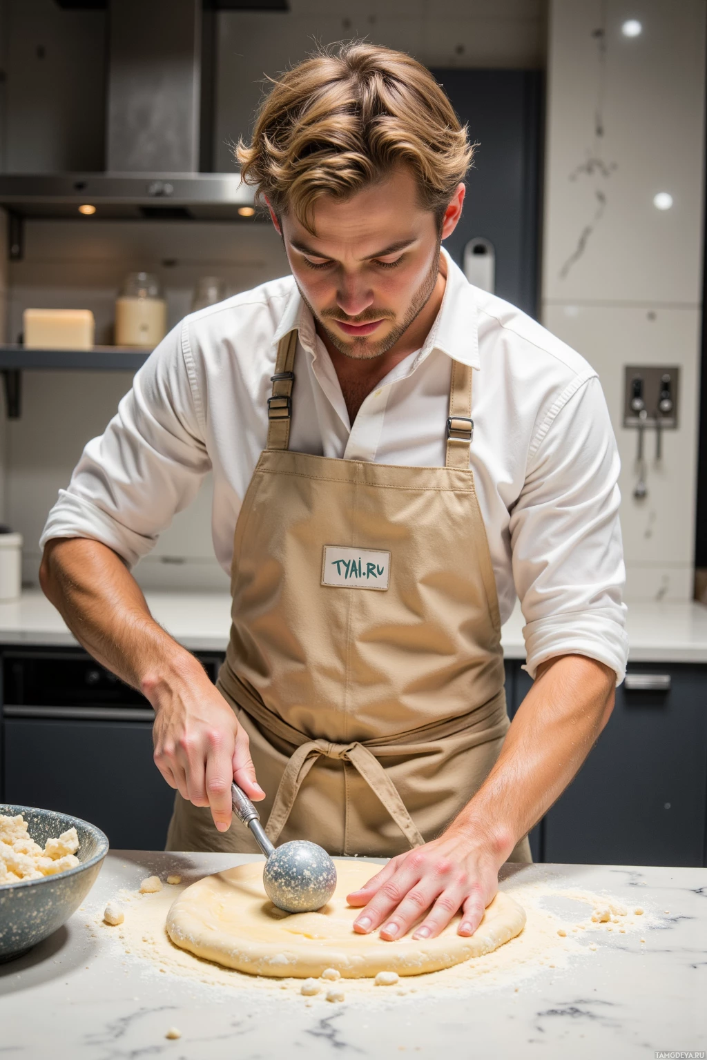 A person wearing an apron is shaping dough on a countertop in a kitchen setting.