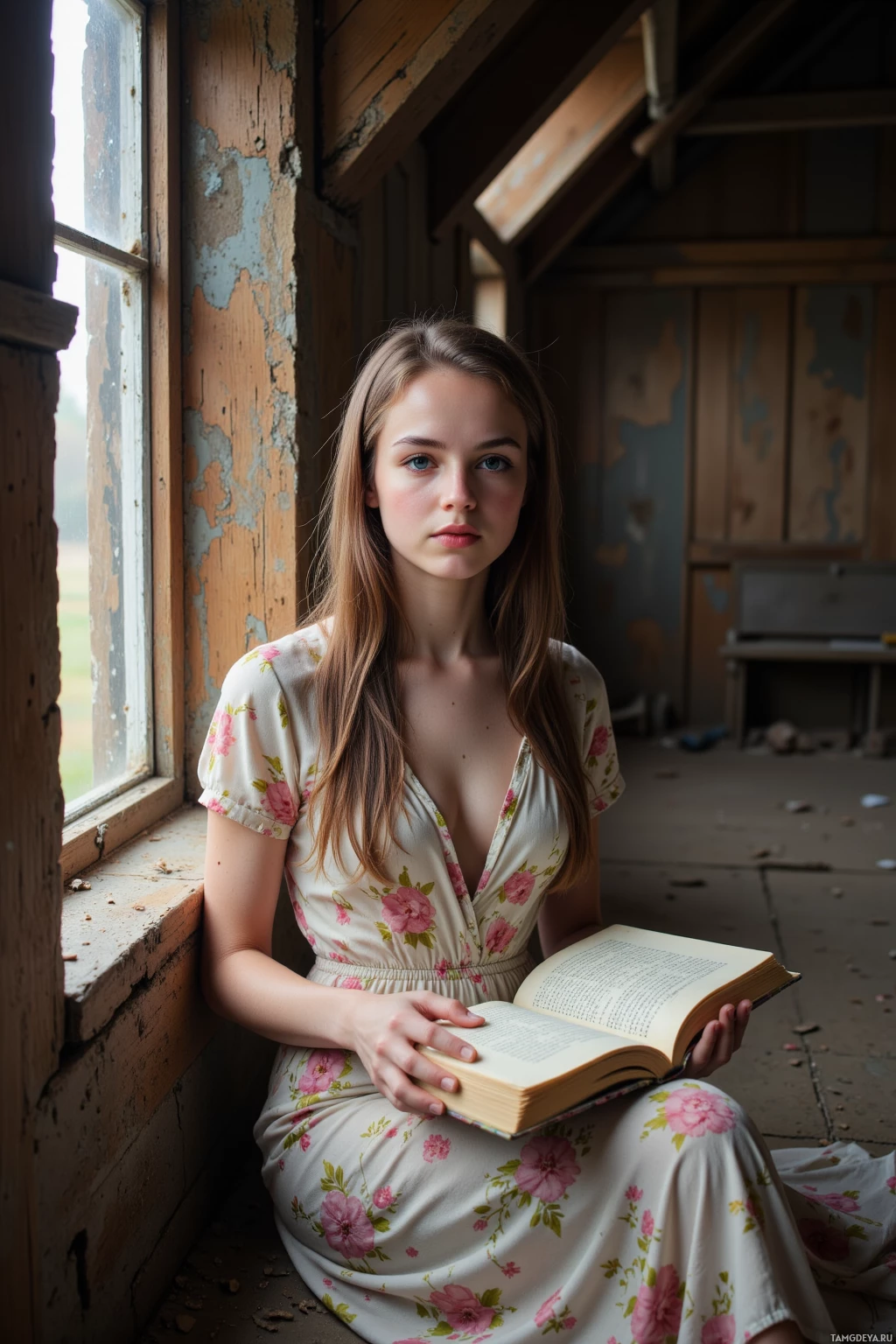 A young woman in a floral dress sits by a window, holding an open book.