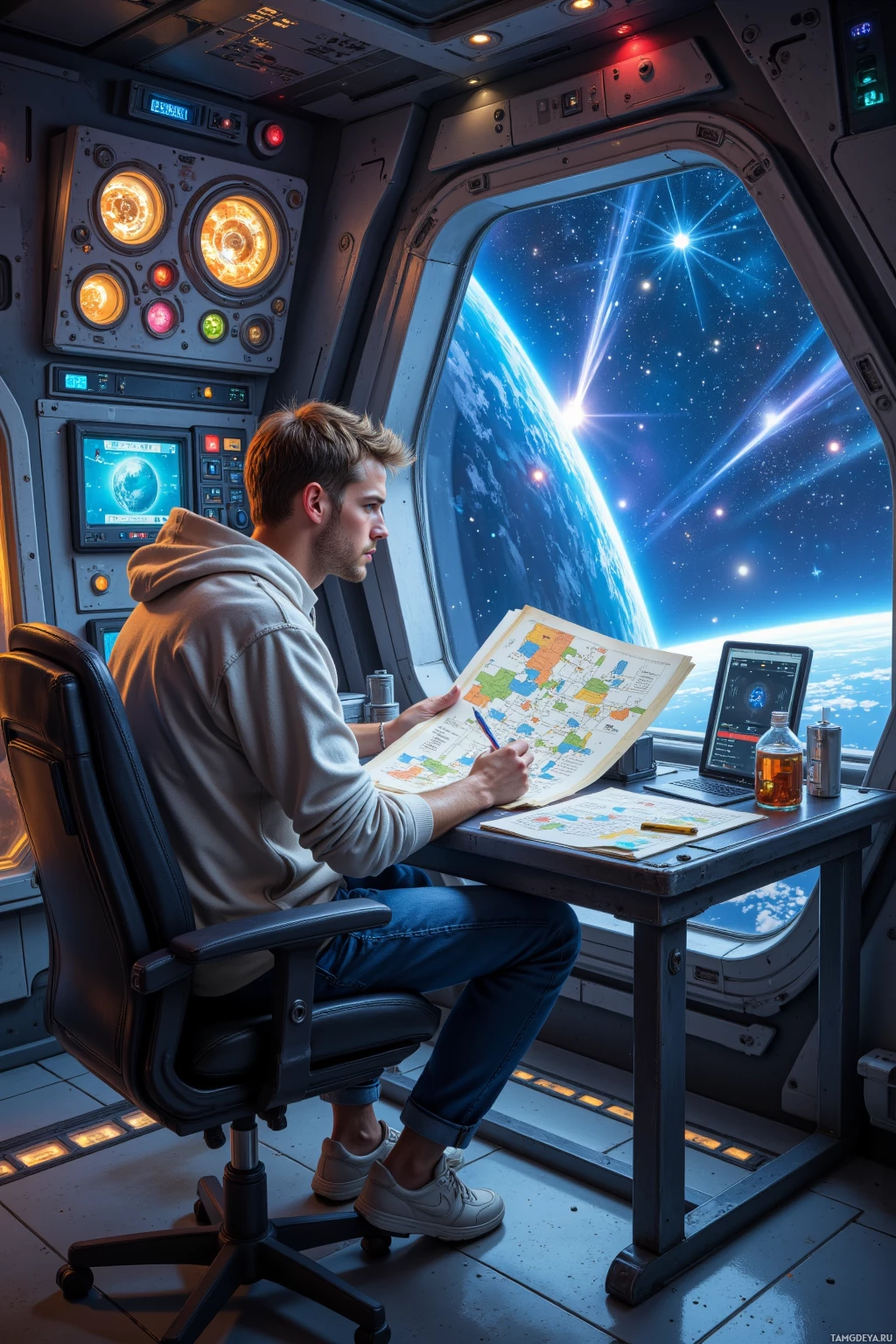 A person is seated at a desk in a spacecraft, reviewing a map with a view of Earth and stars outside the window.