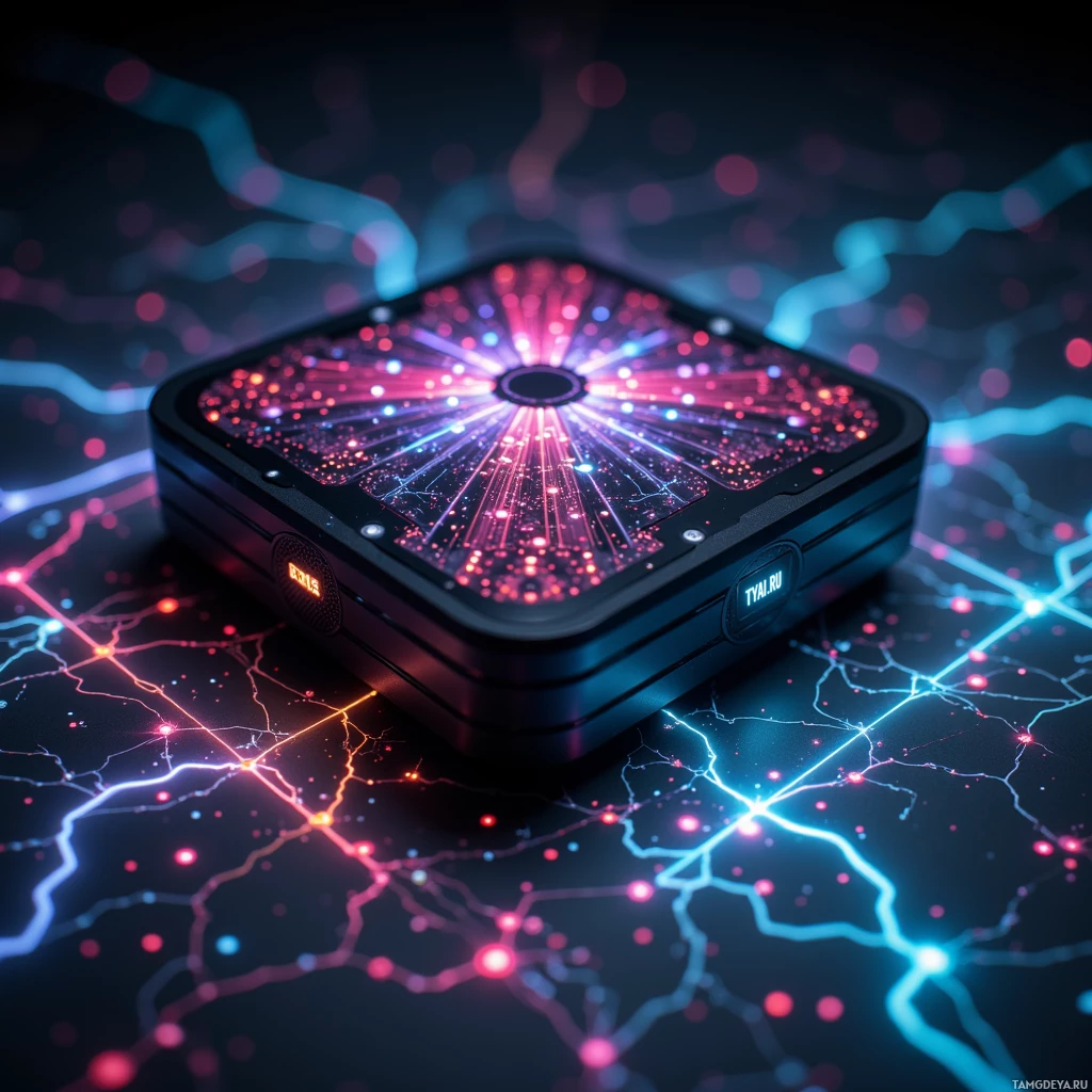 A futuristic device with glowing patterns and circuit-like lines on its surface is displayed against a dark background.