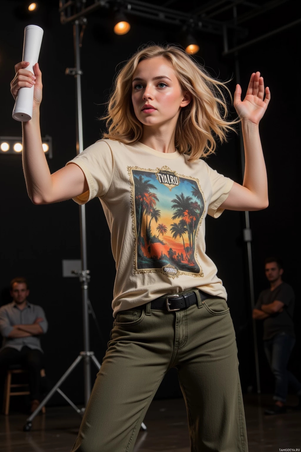 A person stands in front of a backdrop holding a rolled-up item and raising one hand while wearing a graphic t-shirt with palm trees and a belt.