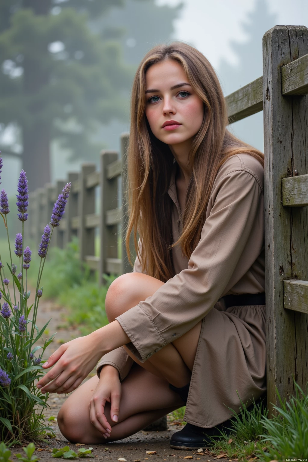 A person in a beige outfit is crouching near lavender flowers by a wooden fence on a misty day.