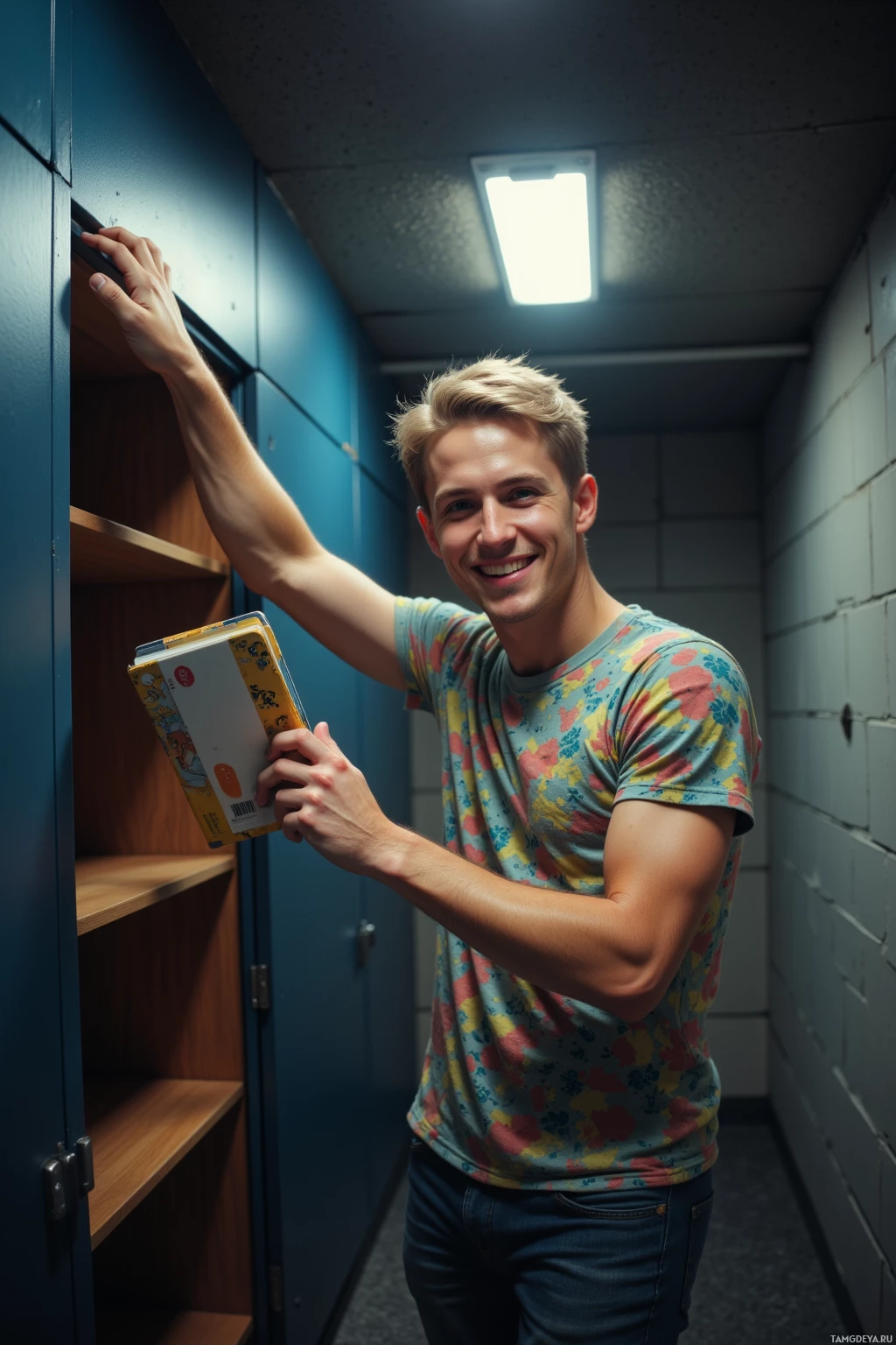 A person smiles while holding a book and leaning against a locker in a hallway.