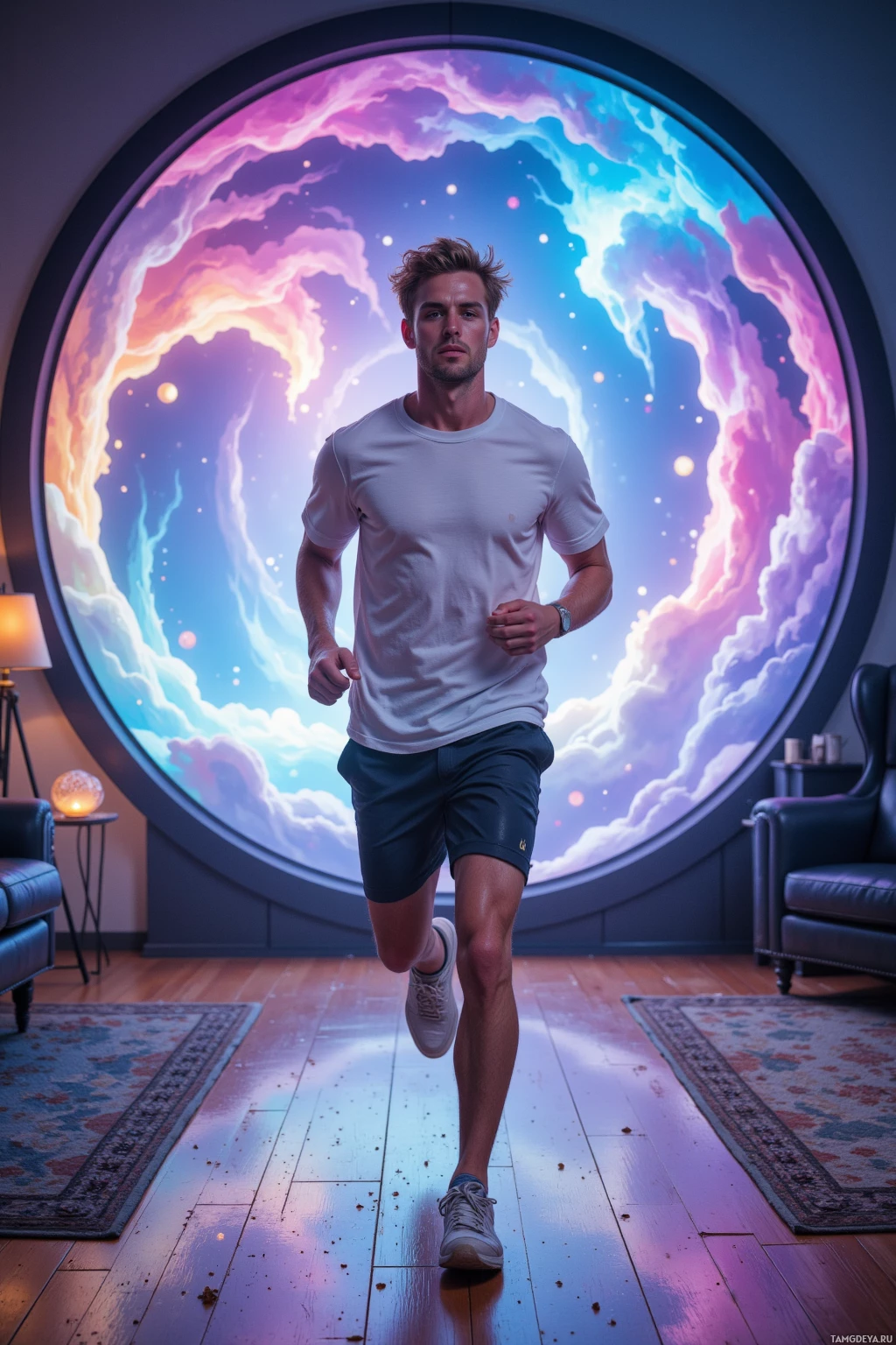 A person runs indoors with a vibrant cosmic mural in the background.
