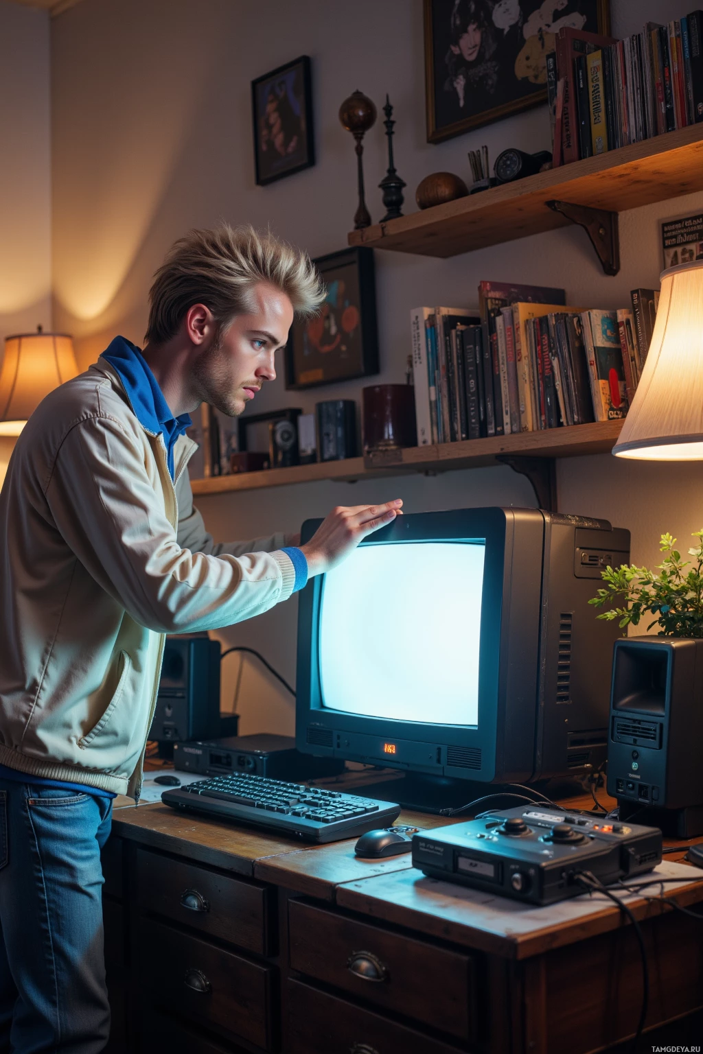 A person is interacting with a vintage computer setup in a cozy room.