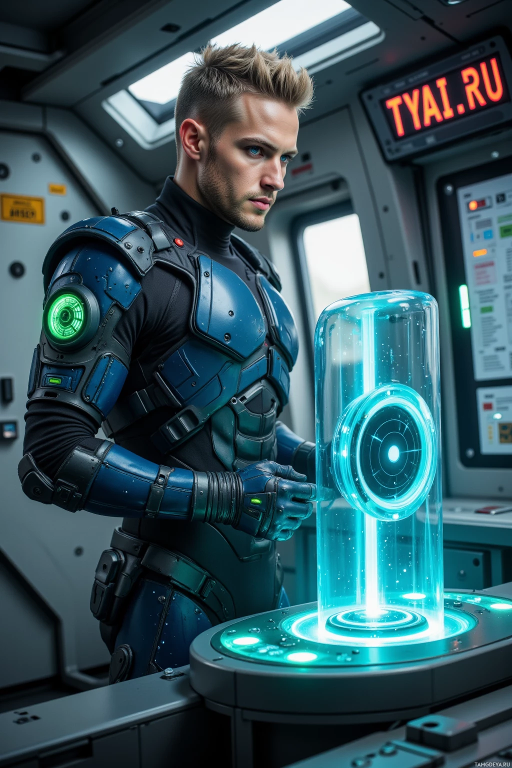 A person in futuristic armor interacts with a glowing cylindrical device in a high-tech environment.
