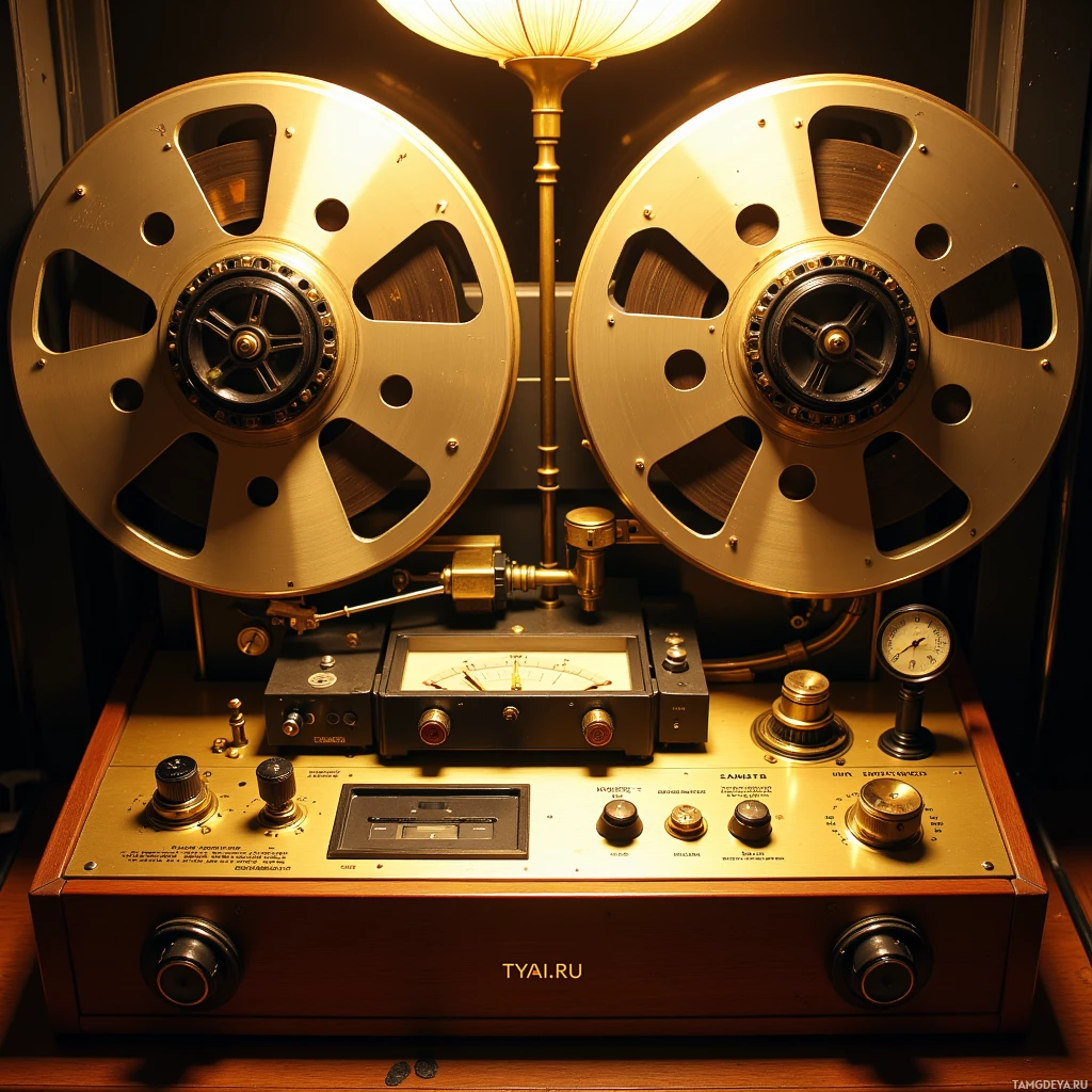 A vintage reel-to-reel tape recorder with large reels and various control knobs and dials.