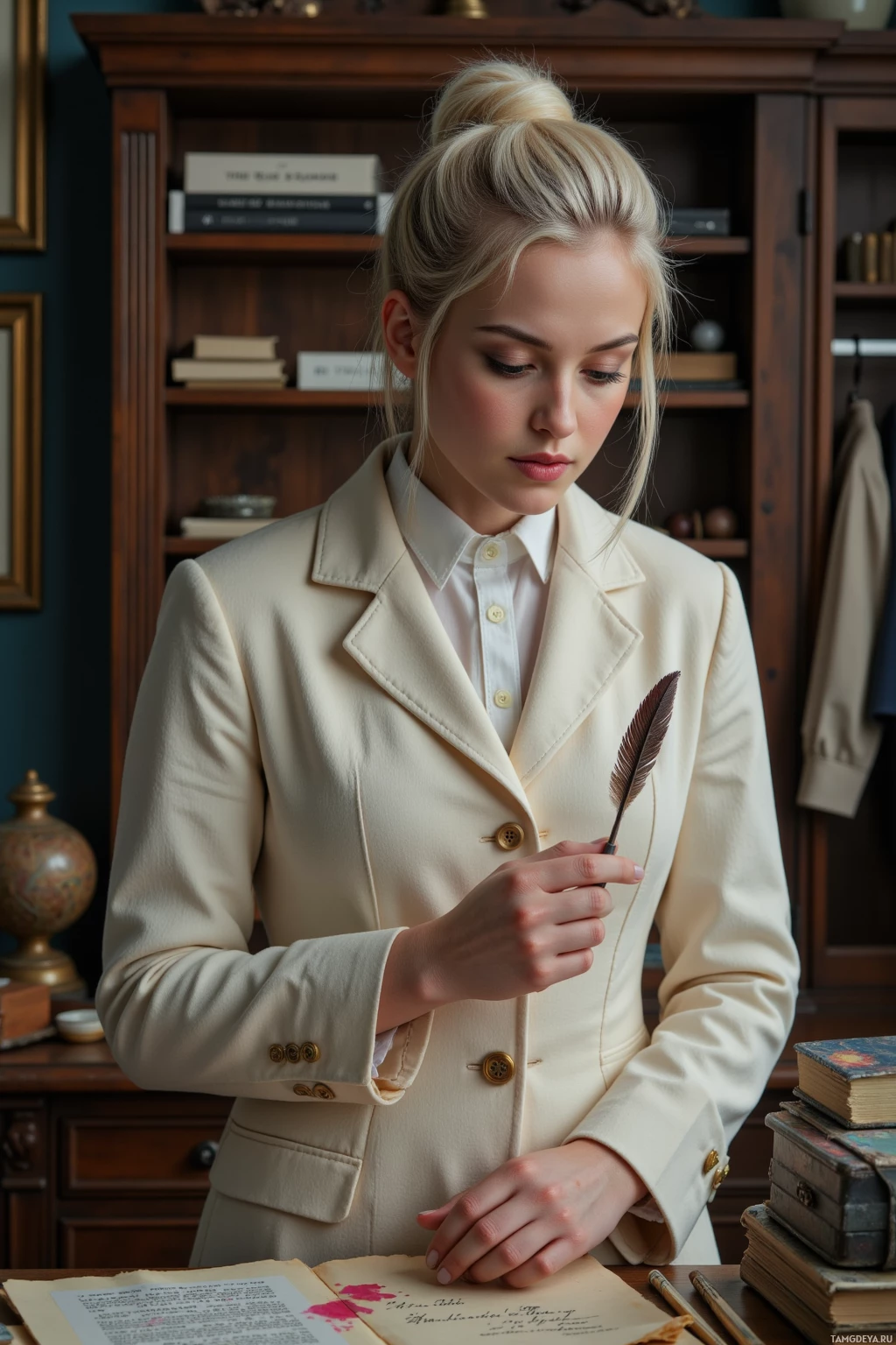 A person in a cream blazer and white shirt holds a quill pen, standing in front of a desk with an open book and vintage items.