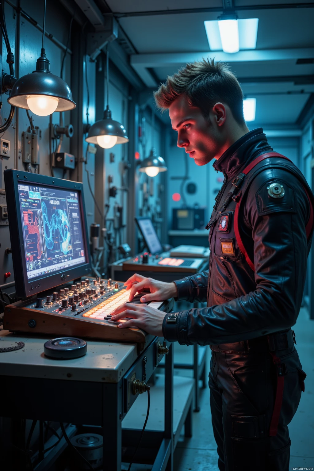 A person in a leather jacket operates a control panel with a monitor displaying technical data in a dimly lit industrial setting.