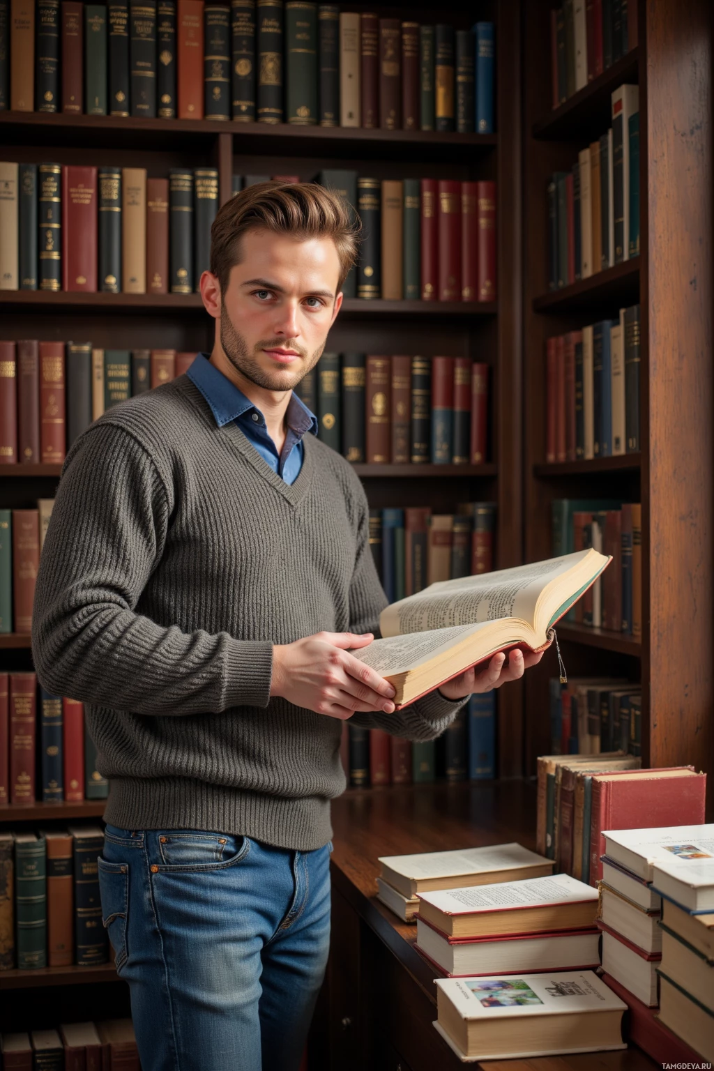 A person stands in a library holding an open book.