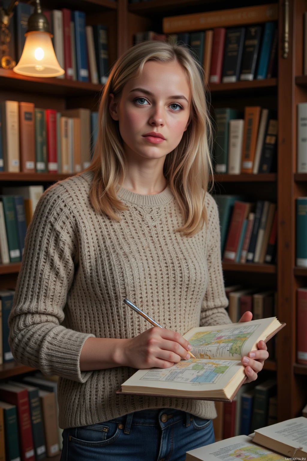 A person in a cozy sweater is holding an open book and writing with a pen in a library setting.