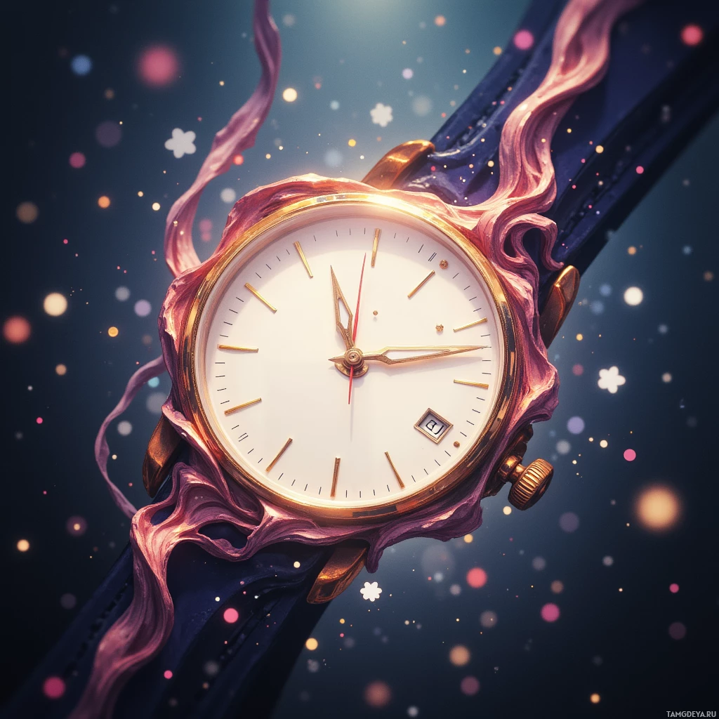 A close-up of a wristwatch with a unique, wavy, and colorful design against a starry background.