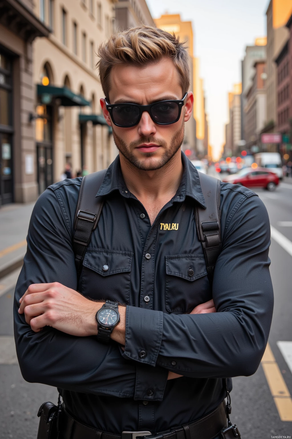 A man stands on a city street wearing sunglasses and a dark shirt with his arms crossed.