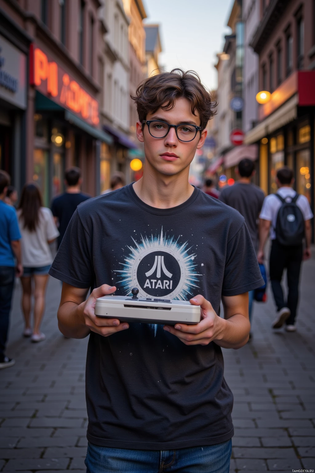 A person wearing an Atari t-shirt holds a vintage Atari console in a bustling street setting.