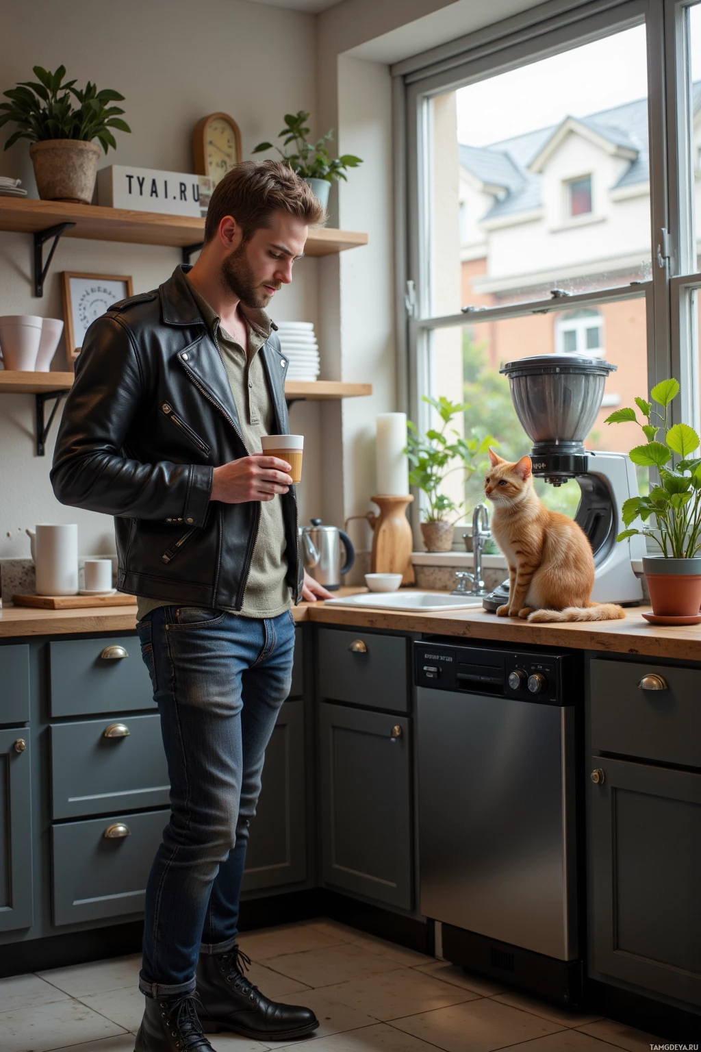A man in a leather jacket stands by a kitchen counter holding a cup while an orange cat sits nearby on the countertop.